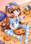  aisaka_taiga brown_eyes brown_hair candy cookie food halloween jack-o'-lantern licking long_hair nikyu pumpkin solo striped striped_legwear stuffed_animal stuffed_toy thighhighs tiger toradora! 