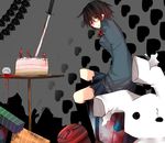  bad_id bad_pixiv_id birthday black_hair blood bob_cut brown_eyes bunny cake durarara!! food gift glasses glowing glowing_eye heterochromia pleated_skirt red_eyes school_uniform short_hair skirt solo sonohara_anri stuffed_animal stuffed_toy stuffing sword weapon yuiju 