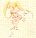  bad_id bad_pixiv_id blonde_hair boots bow choker cure_sunshine hair_ribbon heart heartcatch_precure! inase knee_boots long_hair magical_girl midriff myoudouin_itsuki navel orange_bow orange_choker orange_skirt polka_dot polka_dot_background potpourri_(heartcatch_precure!) precure ribbon running skirt twintails wrist_cuffs yellow yellow_background yellow_eyes 