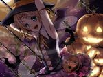  armpits bad_id bad_pixiv_id bat_wings blonde_hair blue_eyes gothic_lolita hair_ornament hairclip halloween hat jack-o'-lantern kagamine_rin lolita_fashion pumpkin short_hair siblings siempre skirt smile solo twins vocaloid wings witch witch_hat 
