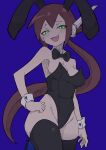  1girl absurdres aile_(mega_man_zx) animal_ears black_leotard black_thighhighs blue_background blush bow bowtie brown_hair buzzlyears detached_collar fang glowing glowing_eyes green_eyes highres leotard long_hair mega_man_(series) mega_man_zx mega_man_zx_advent playboy_bunny ponytail rabbit_ears robot_ears simple_background smug solo thighhighs 