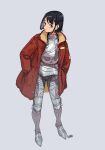  1girl armor black_hair body_armor grey_background hands_in_pockets highres jacket leg_armor original pirata_(gailtonatiu) red_jacket short_hair sidelocks signature simple_background solo standing 