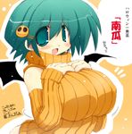  :d aqua_eyes aqua_hair bat_wings blush breast_suppress breasts covered_nipples detached_sleeves fang hair_ornament hairclip halloween huge_breasts open_mouth orange_shirt original ribbed_sleeves sakaki_(noi-gren) shirt short_hair sleeveless sleeveless_turtleneck smile solo sweater turtleneck wings 