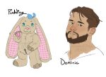 2024 animate_inanimate anthro bearded blue_eyes cocoach3rry dominic_(cocoach3rry) english_text gingham hair heart_pawpads hi_res human living_plushie looking_at_viewer male mammal pawpads plaid plushie pudding_(cocoach3rry) simple_background smile text zipper
