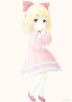  1girl absurdres ahoge alternate_costume blonde_hair bow child dress hair_bow highres long_hair looking_at_viewer mother_(game) mother_2 paula_(mother_2) pink_dress ribbon shizuri_baby short_hair smile solo 