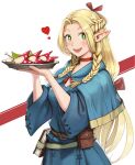  1girl belt belt_pouch blonde_hair blue_capelet blue_robe book braid bs9999s capelet dungeon_meshi elf food heart highres holding holding_tray hood hooded_capelet marcille_donato multiple_braids open_mouth pointy_ears pouch robe solo tray 