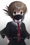  1girl alternate_color aqua_eyes arms_behind_back black_capelet black_mask black_shirt brown_hair capelet collared_shirt commentary cross_print eyes_visible_through_hair grey_background hair_between_eyes looking_at_viewer mahigu_re mask medium_hair mouth_mask necktie red_necktie school_uniform shirt simple_background solo subarashiki_hibi symbol-only_commentary tachibana_kimika upper_body 