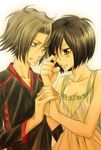  brown_eyes brown_hair couple gokudera_hayato green_eyes hand_holding katekyo_hitman_reborn miura_haru short_hair silver_hair 