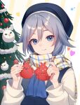  absurdres black_headwear black_shirt blue_eyes blue_hair blue_vest christmas_tree collared_shirt fu_hua grey_hair hair_between_eyes hat heart highres honkai_(series) honkai_impact_3rd huang_tie_lin jingwei_(bird) long_hair long_shirt long_sleeves looking_at_viewer low-tied_long_hair low_ponytail object_on_head official_alternate_costume ponytail shirt smile upper_body vest white_shirt 