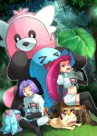  1boy 1girl angry bewear blue_hair closed_eyes grass happy highres james_(pokemon) jessie_(pokemon) jungle mareanie meowth mobbbt nature open_mouth pokemon pokemon_(anime) red_hair sleeping sleepy team_rocket tree_stump wobbuffet worried 