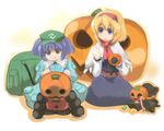  alice_margatroid backpack bag blonde_hair blue_eyes blue_hair candy candy_cane capelet doll food hair_bobbles hair_ornament hairband halloween hat highres holding_needle jack-o'-lantern kawashiro_nitori licking_lips multiple_girls needle pumpkin robot sasurai sewing sitting sweatdrop tongue tongue_out touhou twintails two_side_up 