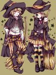  1girl aqua_eyes as567 bad_id bad_pixiv_id blonde_hair blush broom brother_and_sister hat kagamine_len kagamine_rin kneehighs one_eye_closed short_hair siblings skirt smile striped striped_legwear thighhighs twins vocaloid witch witch_hat 