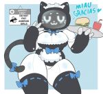  animal_ears apron bellabot bendy_straw blue_bow blue_ribbon bow breasts burger cat_ears cat_tail cleavage commentary do_not_fist_android_girls_(meme) drinking_straw english_commentary english_text food frilled_apron frilled_sleeves frills hands_up holding holding_tray maid_headdress meme neck_ribbon oni-punch puffy_short_sleeves puffy_sleeves ribbon ribbon-trimmed_thighhighs robot_girl short_sleeves sign spanish_text tail tail_bow tail_ornament thick_thighs thighs tray uwu waist_apron waitress white_apron 