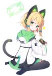 1girl absurdres animal_ear_headphones animal_ears black_pantyhose blonde_hair blue_archive blush bow cat_ear_headphones cat_tail closed_mouth commentary_request exusiai_dust fake_animal_ears full_body green_bow green_eyes green_halo hair_bow halo handheld_game_console headphones highres holding holding_handheld_game_console jacket long_sleeves looking_at_viewer midori_(blue_archive) pantyhose partial_commentary playing_games shirt short_hair simple_background soles solo tail toes white_background white_jacket 