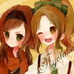  axis_powers_hetalia bad_id bad_pixiv_id blush bow brown_eyes brown_hair genderswap genderswap_(mtf) green_eyes hair_bow hairband long_hair multiple_girls northern_italy_(hetalia) one_eye_closed open_mouth poco24 ponytail scarf short_hair siblings sisters southern_italy_(hetalia) 