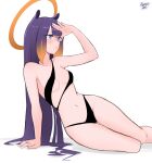  1girl absurdres animal_ears arm_support bikini black_bikini blue_eyes blunt_bangs breasts gradient_hair halo highres hololive hololive_english long_hair lying multicolored_hair navel ninomae_ina&#039;nis on_side orange_hair orange_halo purple_hair revealing_clothes ryness shading_eyes simple_background small_breasts solo swimsuit tentacle_hair very_long_hair virtual_youtuber white_background 