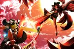  arm_cannon bad_id bad_pixiv_id battle black_hair blonde_hair bow broom broom_riding broom_surfing duel flying grin hair_bow hat highres kirisame_marisa large_wings long_hair mini-hakkero momiji_oroshi multiple_girls reiuji_utsuho smile sun touhou weapon wings witch_hat 