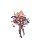  1girl absurdres blonde_hair book boots bracer cagliostro_(granblue_fantasy) cape floating_hair full_body granblue_fantasy granblue_fantasy:_relink headdress highres holding holding_book long_hair looking_at_viewer minaba_hideo official_art open_book short_sleeves skirt smile solo thighhighs transparent_background zettai_ryouiki 