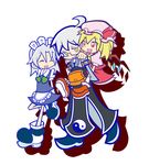  2girls adenine_(artist) carrying flandre_scarlet izayoi_sakuya morichika_rinnosuke multiple_girls parody piggyback puyopuyo puyopuyo_fever style_parody touhou 