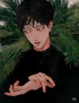  1boy black_hair black_shirt closed_mouth constricted_pupils fingernails highres kagoya1219 leaf long_sleeves looking_at_viewer male_focus original own_hands_together plant shirt short_hair signature solo upper_body very_short_hair white_eyes 