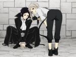  2boys akutagawa_ryuunosuke_(bungou_stray_dogs) ascot black_eyes black_gloves black_hair bungou_stray_dogs closed_mouth from_behind full_body gloves grey_hair highres looking_at_viewer looking_down mari_(marimaripink) multiple_boys nakajima_atsushi_(bungou_stray_dogs) shirt smile spread_legs white_ascot white_shirt yellow_eyes 