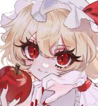  1girl :d apple blonde_hair close-up commentary flandre_scarlet fontana_0v0 food frilled_wrist_cuffs frills fruit hair_between_eyes hand_up hat hat_ribbon holding holding_food holding_fruit looking_at_viewer mob_cap red_eyes red_nails red_ribbon red_wrist_cuffs ribbon short_hair sidelocks simple_background smile solo symbol-only_commentary tongue tongue_out touhou white_background white_headwear wrist_cuffs 