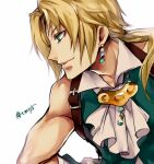  1boy ascot beads blonde_hair commentary dangle_earrings earrings facing_to_the_side final_fantasy final_fantasy_ix green_eyes green_vest hair_over_shoulder hand_on_own_hip high_collar jewelry light_smile long_hair male_focus muscular muscular_male parted_bangs ponytail shoulder_belt signature solo tama_(tmfy5) upper_body vest zidane_tribal 