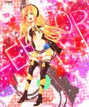  blonde_hair boots cable cd flapper_shirt headphones highres lily_(vocaloid) long_hair midriff miniskirt navel nemu0217 sad shirt skirt solo thigh_boots thighhighs vocaloid 