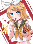  1girl black_sailor_collar blonde_hair blue_eyes blush bow closed_mouth eating food food_in_mouth hair_bow hair_ornament hairclip heart holding holding_food holding_pocky kagamine_rin looking_at_viewer nashinome_(y5wlht) pocky pocky_day pocky_in_mouth sailor_collar shirt short_hair sleeveless smile solo vocaloid white_bow yellow_nails 