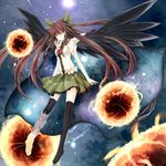  bad_id bad_pixiv_id black_legwear black_wings bow brown_hair cape fireball hair_bow long_hair red_eyes reiuji_utsuho samegami smile solo thighhighs third_eye touhou wings zettai_ryouiki 