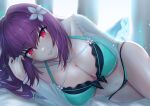  1girl absurdres aqua_bikini bikini breasts cleavage closed_mouth commentary_request fate/grand_order fate_(series) flower hair_flower hair_intakes hair_ornament highres indoors kueru_1285 long_hair looking_at_viewer lying navel on_bed purple_hair red_eyes scathach_(fate) scathach_skadi_(fate) scathach_skadi_(swimsuit_ruler)_(fate) scathach_skadi_(swimsuit_ruler)_(final_ascension)_(fate) solo stomach swimsuit white_flower 