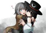  2others androgynous black_eyes black_hair black_headwear brown_coat closed_mouth coat commentary_request detached_sleeves enraku_tsubakura green_trim grey_eyes grey_hair grey_shirt hat heart houlen_yabusame hug layered_sleeves len&#039;en long_sleeves medium_hair multiple_others one_eye_closed open_mouth other_focus puffy_short_sleeves puffy_sleeves purple_trim shirt short_over_long_sleeves short_sleeves sleeveless sleeveless_shirt smile spoken_heart websci_3357 white_shirt white_sleeves 