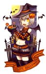  bad_id bad_pixiv_id bat belt bloomers candy fang food food_themed_hair_ornament gia grey_hair hair_ornament halloween happy_halloween jack-o'-lantern orange_eyes original pumpkin pumpkin_hair_ornament shorts solo striped underwear wings 