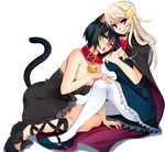  animal_ears bell bell_collar black_hair blonde_hair blue_eyes blush cat_ears cat_tail collar dress finger_in_mouth green_eyes hair_ornament halloween jingle_bell mary_janes multiple_girls original pantyhose shoes short_hair sitting star tail white_legwear yuri_(purinlove) 