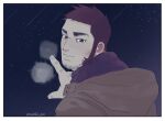  1boy bara beard_stubble blush buzz_cut facial_hair golden_kamuy highres looking_at_viewer male_focus mature_male nzo_(oishii_pie) pointing pointing_forward shooting_star short_hair sky smile solo star_(sky) starry_sky stubble tanigaki_genjirou thick_eyebrows upper_body very_short_hair winter_clothes 