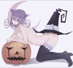 1girl :q animal_ears ass bario black_thighhighs blair_(soul_eater) breasts cat_ears cat_girl crescent_moon curly_hair full_body hair_between_eyes halloween hat highres jack-o&#039;-lantern large_breasts looking_at_viewer moon nude pumpkin purple_hair short_hair simple_background smile solo soul_eater thighhighs tongue tongue_out white_background witch_hat yellow_eyes 