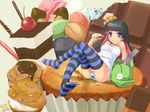  alternate_hair_color black_hair blue_eyes breasts cake checkerboard_cookie cherry chocolate chocolate_bar cookie covered_nipples cream_puff crossed_legs food fruit hat highres ice_cream in_food jewelry kinoko_no_yama long_hair macaron medium_breasts mini_hat mini_top_hat minigirl multicolored_hair no_bra panties panty_&amp;_stocking_with_garterbelt pastry pink_hair pocky ring see-through sitting solo stocking_(psg) striped striped_legwear syrup thighhighs top_hat two-tone_hair underwear wapokichi 
