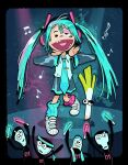  31_minutos absurdres aqua_hair aqua_shirt aqua_socks asymmetrical_eyes audience baggy_socks beamed_eighth_notes bird colored_lights concert crossover detached_sleeves eighth_note glowstick grey_skirt grey_sleeves hands_on_own_chin hatsune_miku headband headphones headset heart heart_print hernyed highres leg_up long_necktie loose_clothes loose_shirt loose_socks messy_hair mismatched_socks music musical_note parody pigeon pink_socks puppet quarter_note shirt shoes singing skirt sneakers socks spring_onion stage stage_lights style_parody tie_clip tramoyas treble_clef triangle_nose vocaloid white_footwear 
