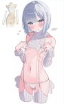  1girl absurdres aqua_eyes bare_shoulders blush braid breasts cameltoe cropped_sweater detached_sleeves garter_straps grey_hair highres kaga_sumire looking_at_viewer meercat_dayo meme_attire navel nipple_stimulation nipple_tweak panties ribbed_sleeves ribbed_sweater ribbed_thighhighs short_hair side-tie_panties simple_background sleeveless sleeveless_turtleneck small_breasts solo stomach striped_clothes striped_panties sweat sweatdrop sweater turtleneck turtleneck_sweater underwear virgin_destroyer_sweater virtual_youtuber vspo! white_background white_panties white_sweater 