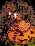  candy food halloween hat jack-o'-lantern lollipop long_hair original pantyhose pink_legwear pumpkin solo striped striped_legwear witch_hat yuzuki_karu 