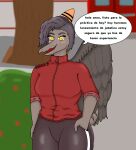 anthro blush bone_frill breasts brown_hair clothing colored crossgender detailed_background dialogue feathers female frill_(anatomy) goodbye_volcano_high grey_body grey_feathers grey_scales hair hand_in_pocket head_crest head_frill hi_res jacket mrcookiws mtf_crossgender naser_(gvh) nasera offscreen_character outside plant pockets pterodactylus pterosaur reptile scales scalie short_tail shrub snout solo spanish_text speech_bubble sportswear standing tail talking_to_viewer text topwear track_pants tree yellow_eyes