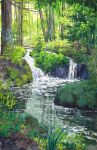  commentary day english_commentary forest gouache_(medium) highres kate_avery nature no_humans original outdoors painting_(medium) plant realistic reflection rock scenery stream traditional_media tree water waterfall 