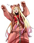  1girl a-91_(girls&#039;_frontline) a-91_(inflammable_oolong_tea)_(girls&#039;_frontline) animal_costume bear_costume blonde_hair blush bow closed_eyes girls&#039;_frontline gradient_hair heart long_hair multicolored_hair official_alternate_costume open_mouth pocket purple_hair red_bow reizo_ne solo straight-on white_background 