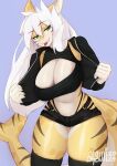 anthro atsuii big_breasts breasts clothed clothing digital_media_(artwork) female fish hair hi_res lamniform looking_at_viewer marine non-mammal_breasts sand_shark sand_tiger_shark shark shark_tail simple_background smile solo tail tongue tongue_out