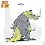 2020 anthro biped clothed clothing concept_art crocodile crocodilian crocodylid daniel_fernandez_casas ed_(robot_dreams) green_body male model_sheet official_art reptile robot_dreams scalie simple_background smoking solo