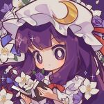  1girl book crescent crescent_hat_ornament flower hat hat_ornament holding holding_book mob_cap patchouli_knowledge purple_eyes purple_hair solo suelement touhou upper_body white_flower white_headwear 
