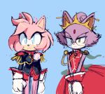  2girls alternate_costume amy_rose animal_ears animal_nose bare_shoulders black_jacket blaze_the_cat blue_background blue_eyes buttons cat_ears cat_girl clenched_hands closed_mouth dress english_commentary eyelashes flower furry furry_female glasses gloves green_eyes half-closed_eyes hedgehog_ears hedgehog_girl jacket long_sleeves looking_at_viewer looking_to_the_side motobug multiple_girls pink_flower pink_fur pink_rose pocket purple_fur red_dress red_shorts rose shorts simple_background sleeveless sleeveless_dress sonic_(series) standing tiara white_gloves 