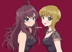  2girls ahoge bare_shoulders black_dress blonde_hair blue_eyes blush breasts cleavage closed_mouth collarbone dress from_side green_eyes hair_between_eyes ichinose_shiki idolmaster idolmaster_cinderella_girls idolmaster_cinderella_girls_starlight_stage jewelry lazy_lazy_(idolmaster) long_hair looking_at_viewer medium_breasts miyamoto_frederica multiple_girls necklace open_mouth red_background red_brooch see-through see-through_cleavage see-through_sleeves short_hair short_sleeves simple_background sleeveless sleeveless_dress smile tarako_oniyon upper_body wavy_hair 