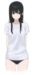  1girl arms_behind_back bario black_eyes black_hair black_panties breasts closed_mouth collarbone cowboy_shot cropped_legs expressionless highres long_hair looking_at_viewer no_pants original panties shirt short_sleeves simple_background solo standing t-shirt thighs underwear white_background white_shirt 