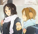  akiyama_mio black_eyes black_hair breath brown_hair closed_eyes coat earmuffs holding_hands k-on! karuha long_hair mittens multiple_girls scarf short_hair tainaka_ritsu 